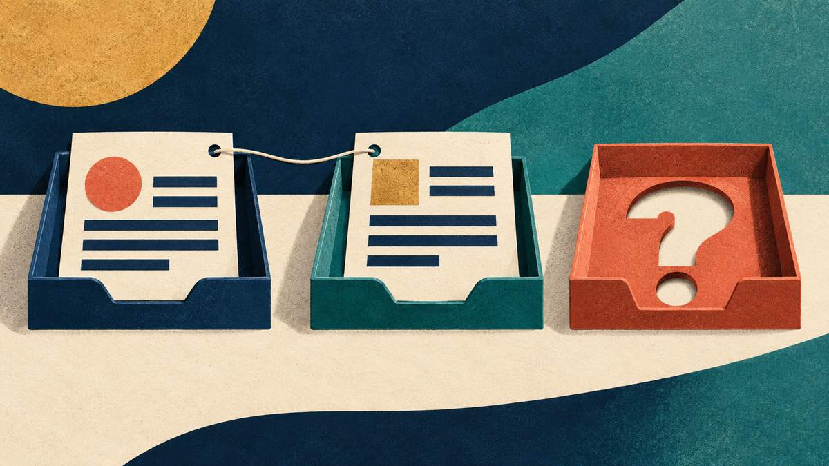 Two document slips tied together by a thread sit in inbox trays beside a third, empty tray marked with a question mark