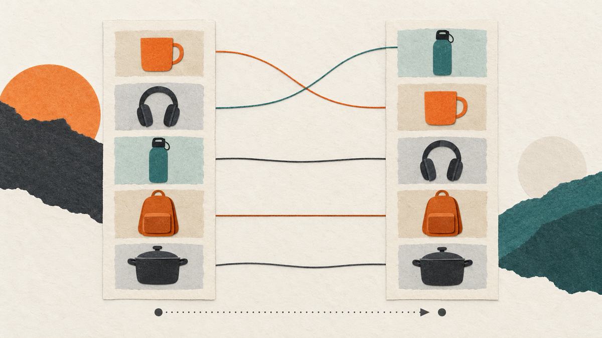 The same five products change ranking between two category snapshots