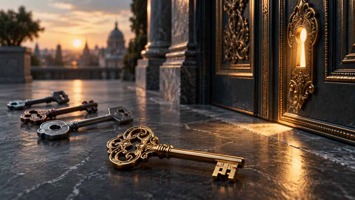Several keys beside an ornate door, with one gold key in front