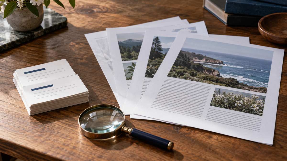 Short search cards sit beside full printed articles and a magnifying glass