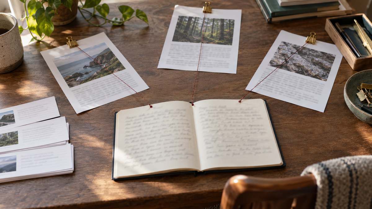 An answer notebook is connected to three printed sources with real threads