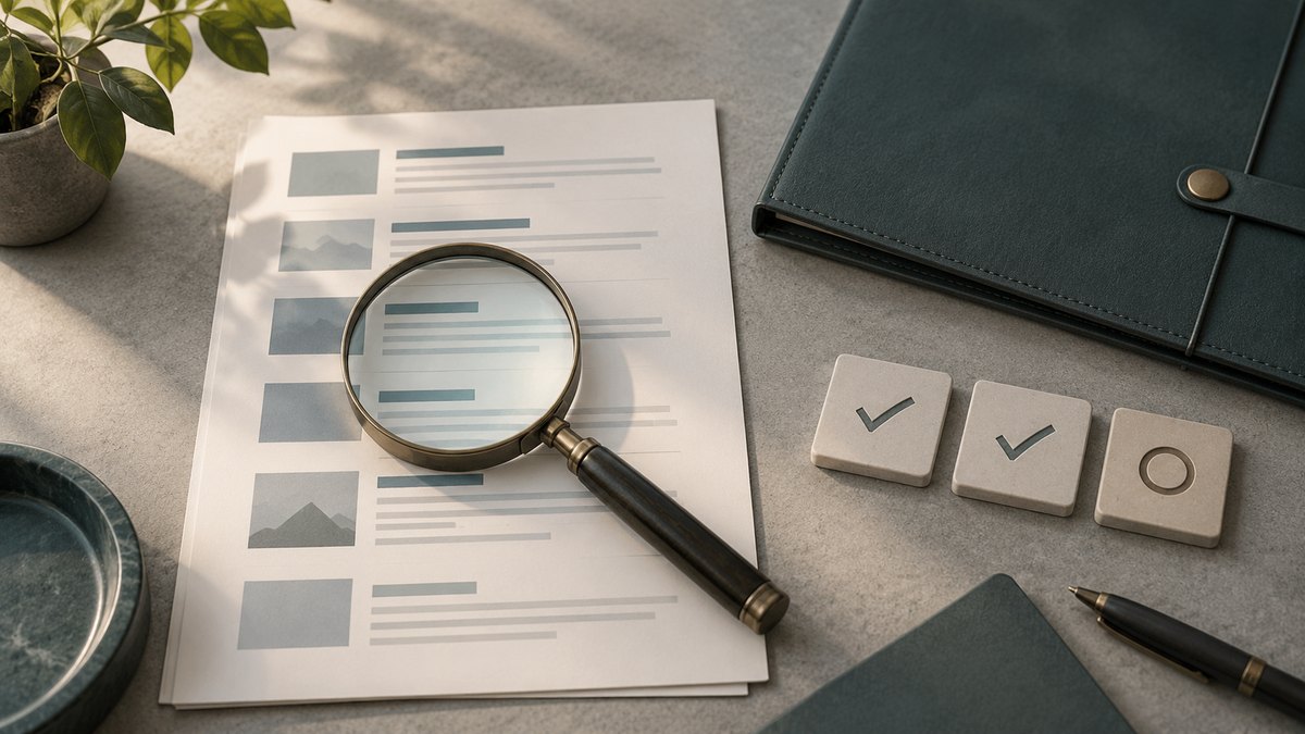 A magnifier inspects a sample result beside a contract folder and unresolved checklist tile