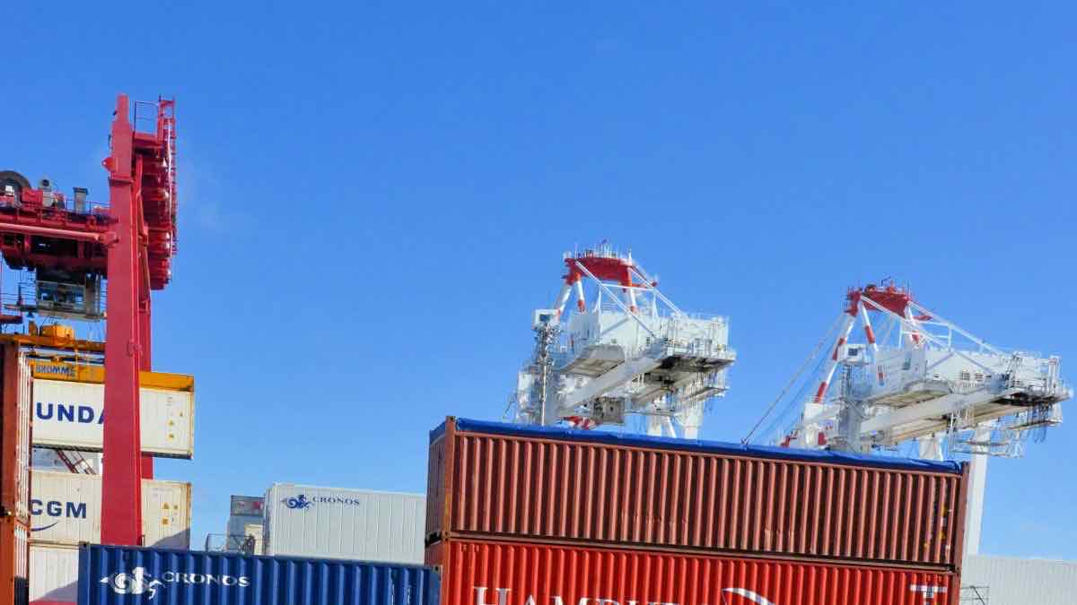 Stacked shipping containers and port cranes under a blue sky, illustrating bulk dataset delivery in fixed minimum orders