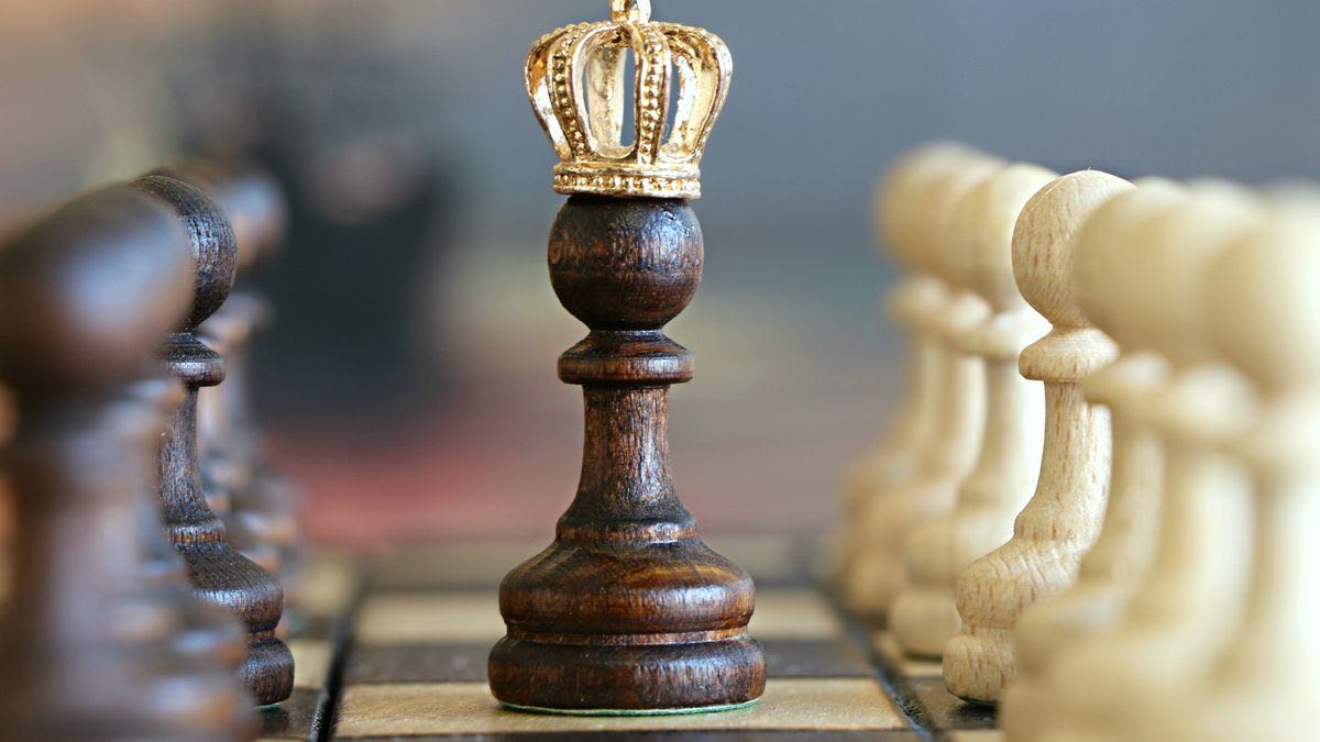 Chess king standing between ranks of pawns — one campaign plan governing a million small moves