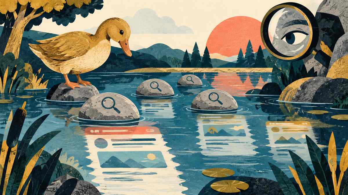 DuckDuckGo-marked magnifier examines short search-result strips
