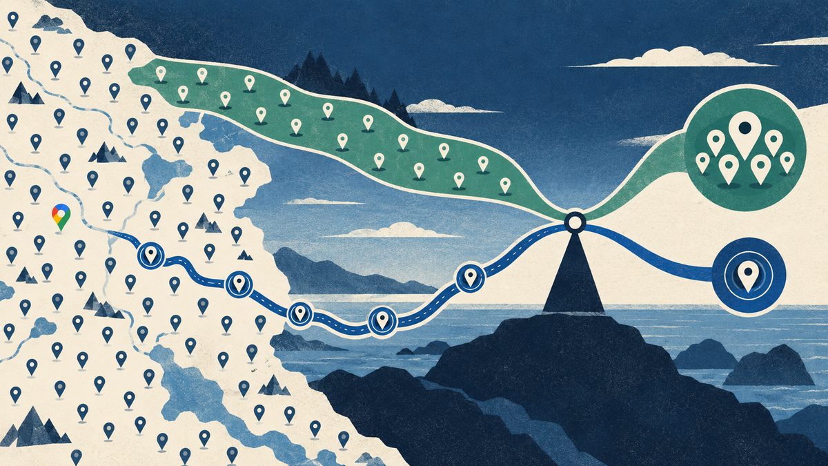 Abstract map balances selected place details against broader ranked enrichment as the shortlist grows
