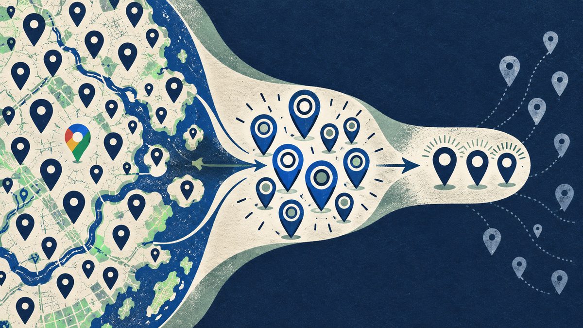 Abstract map funnel narrows discovered places into detailed records and then records that pass a field check