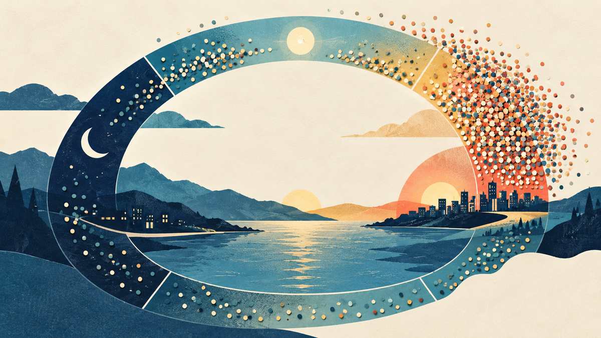 Search tokens spread unevenly around a day ring, with a crowded peak window