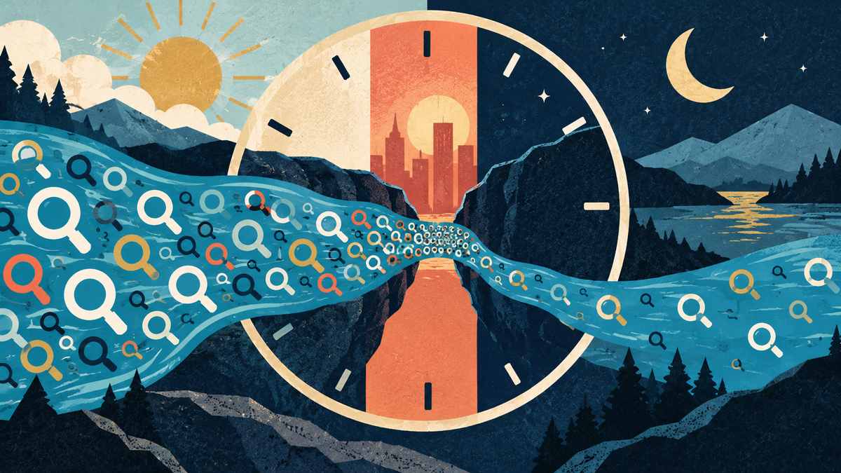 A river of search tokens crossing a full-day circular clock, narrowing through a short busy-hour channel