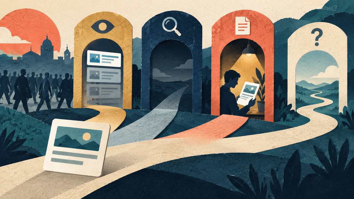 One URL card moves through three paper gates: seen in a result, unobserved in search, and separately inspected