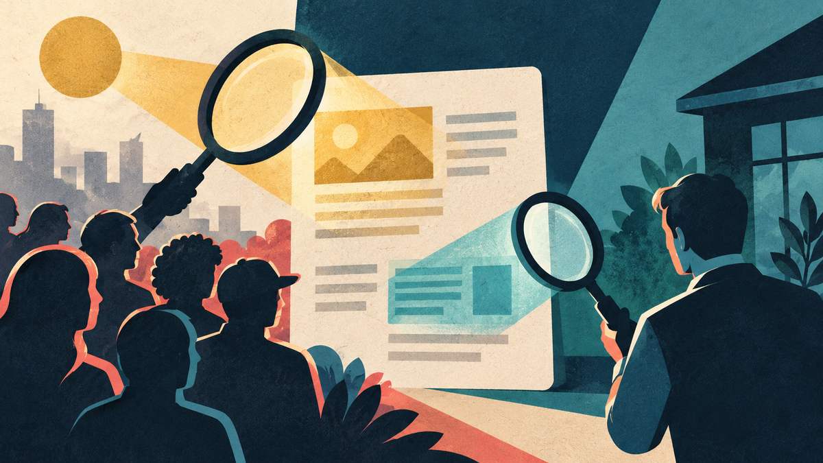 A public search spotlight and an official site-owner magnifying lens illuminate different parts of the same page card