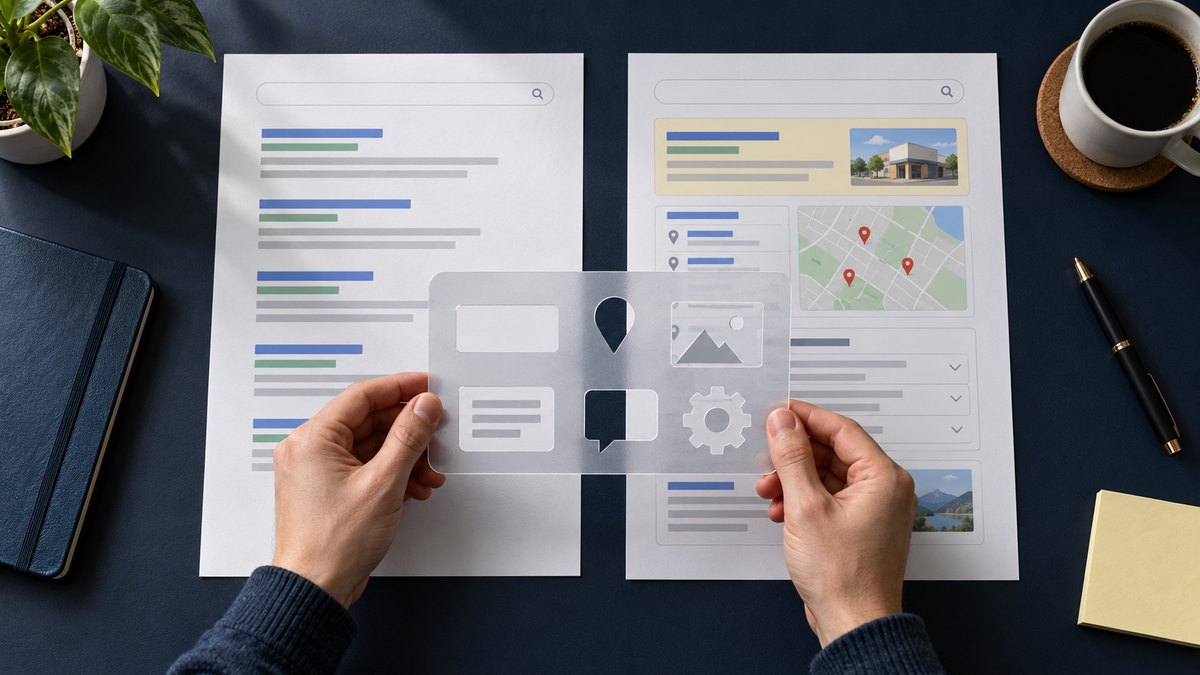 A field checklist separates core organic links from ads, local results and AI result blocks