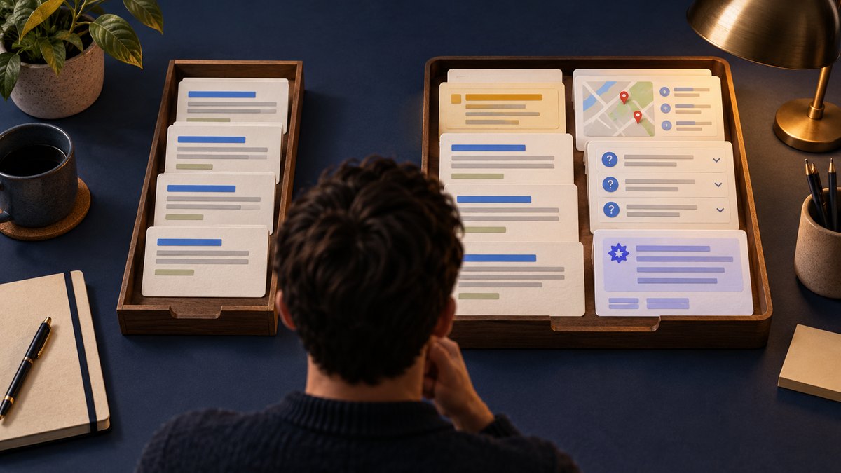 Two trays compare a lean organic results set with a fuller page of search blocks