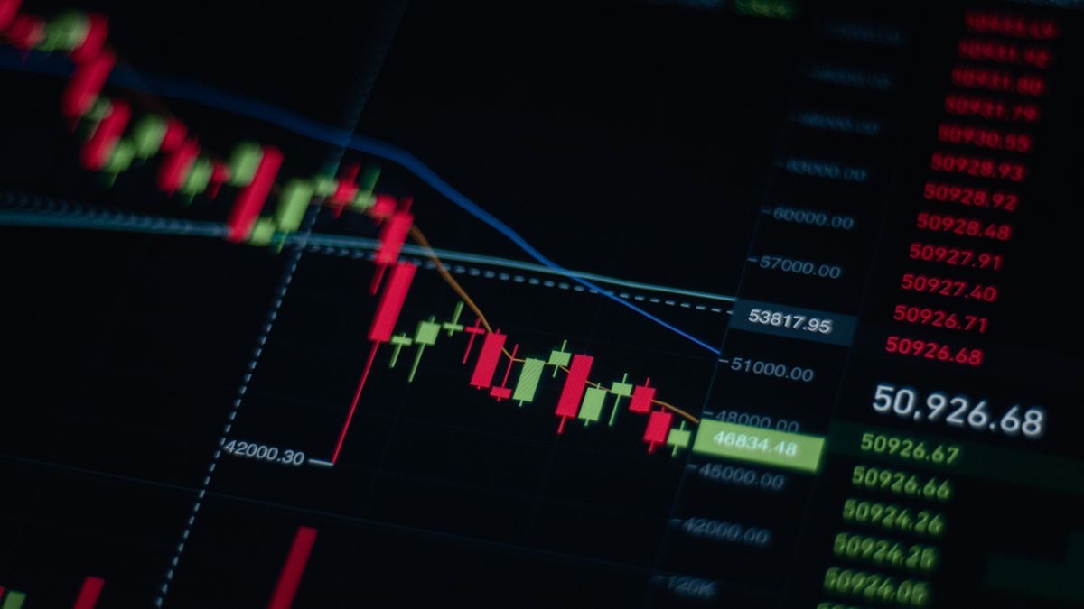 A candlestick market chart on a dark screen, representing trend analysis over time