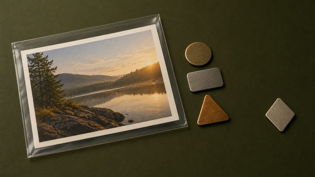 Landscape print beside four unmarked metal condition tabs, with one awaiting review