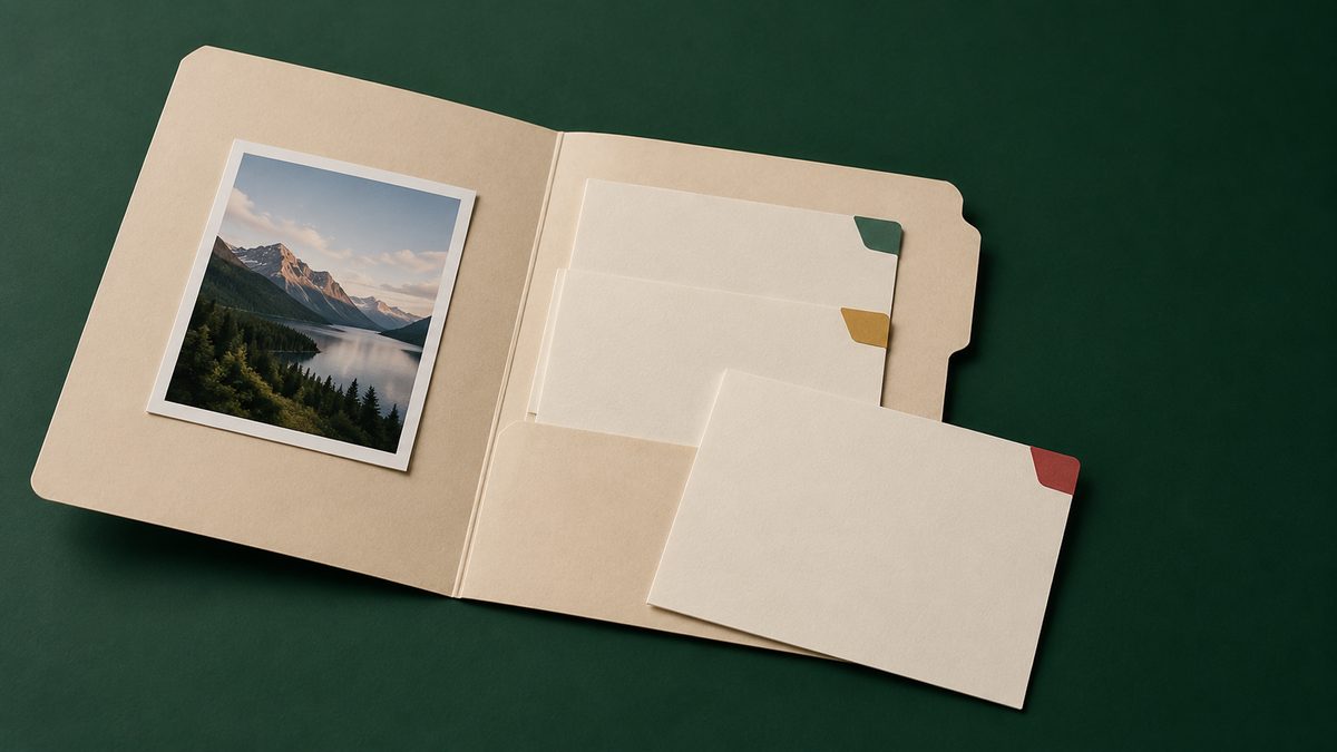 Archival folder containing a landscape print and blank evidence cards with colored tabs
