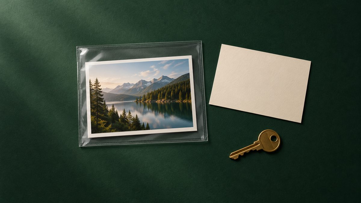 Landscape print in an archival sleeve beside a blank permission card and a separate key