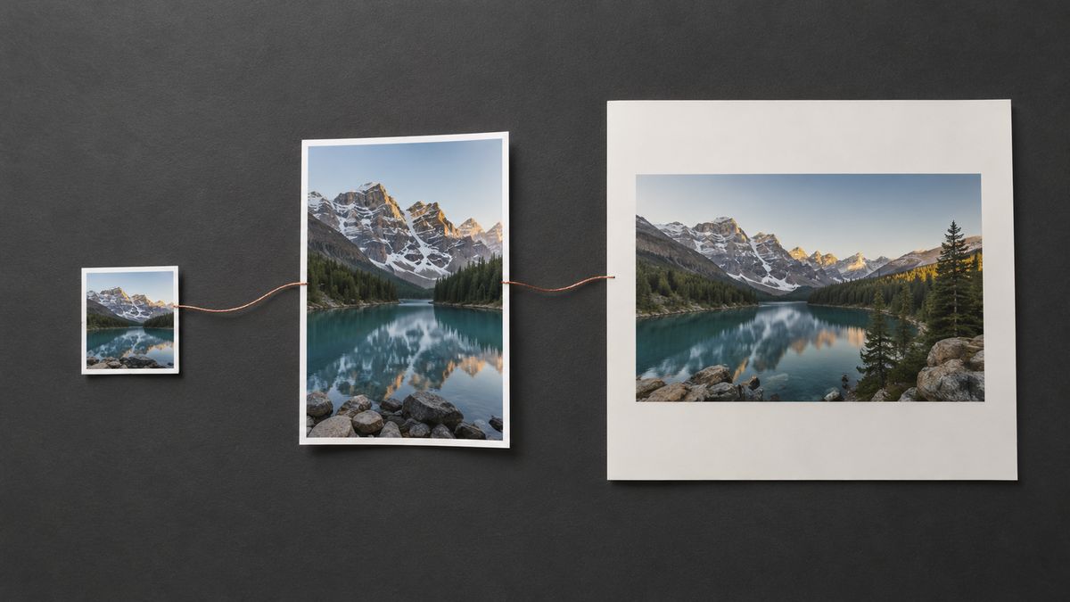 Preview, full-size image and containing page shown as progressively larger photo prints linked by thread