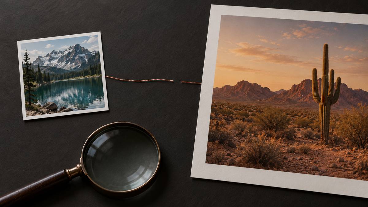 Mountain photo and mismatched desert page separated by a broken copper thread