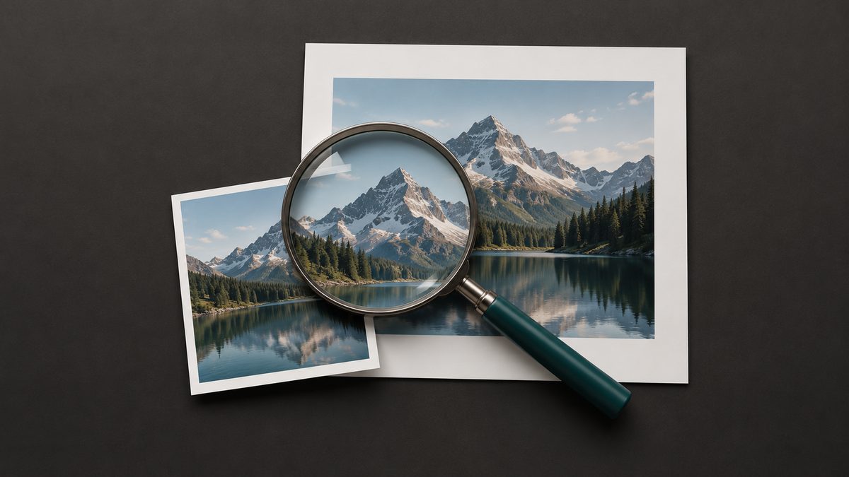 Two mountain photo prints under a magnifying glass on a charcoal surface