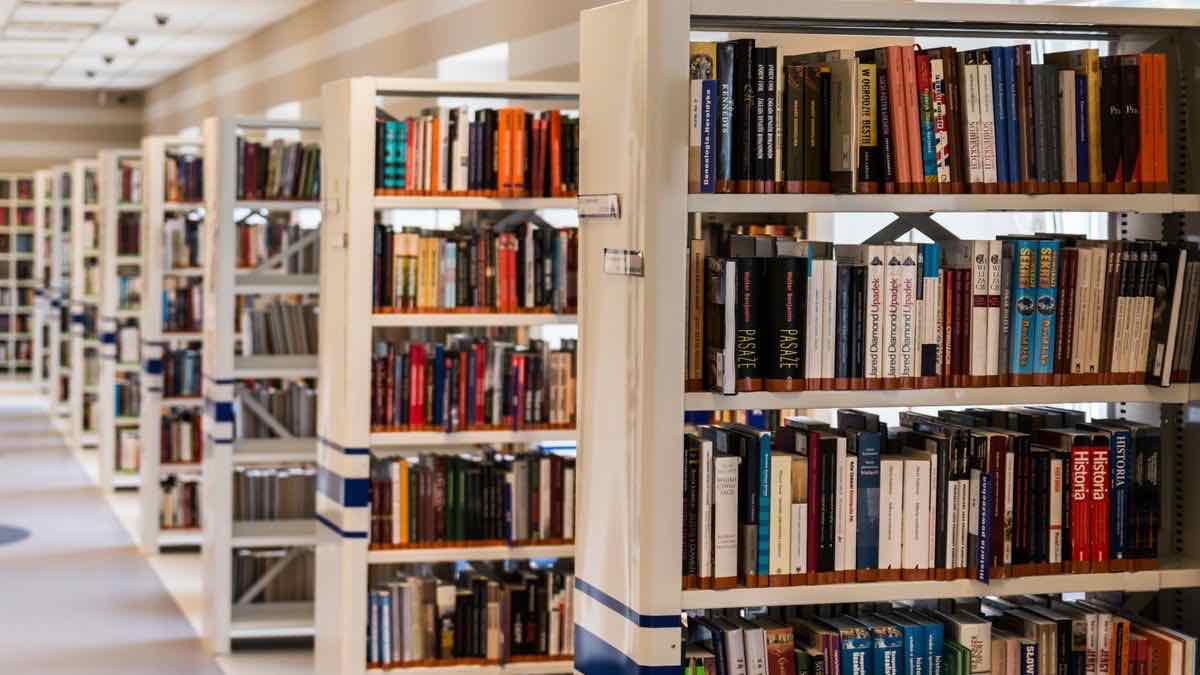 Rows of shelved books in a library — the layered body of case law around web scraping