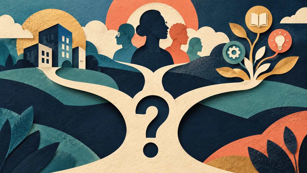 A single question mark carved into paper branches toward organization identity, people context, and selective enrichment