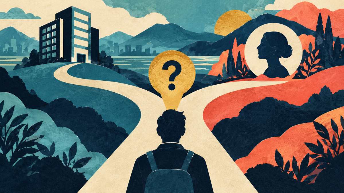 Two intertwined paths from one business question: a building silhouette for company data and a person silhouette for profile data