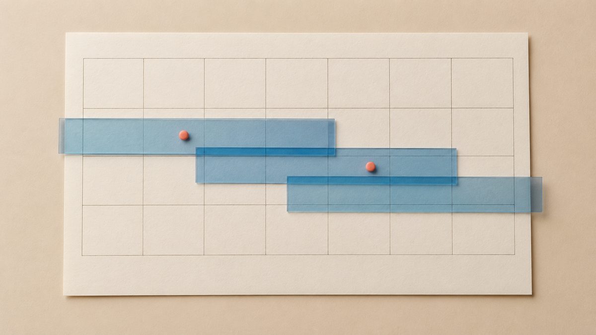 Three overlapping translucent time windows on a blank grid with coral observation markers