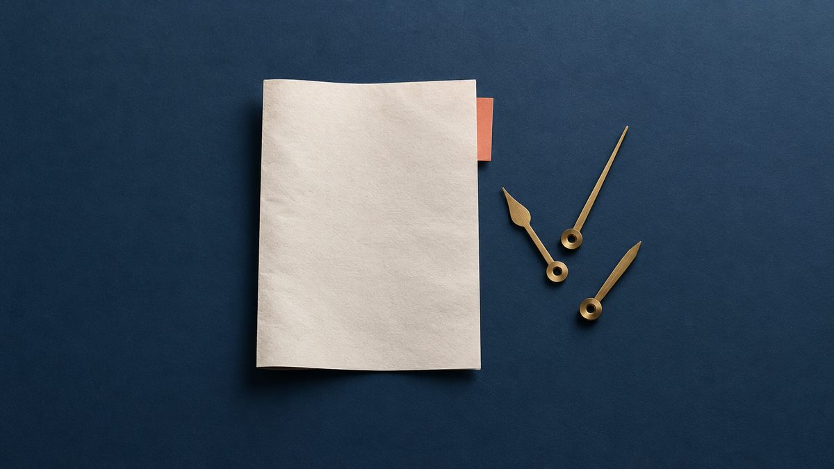 Blank news sheet beside three brass clock hands at different angles on a blue surface