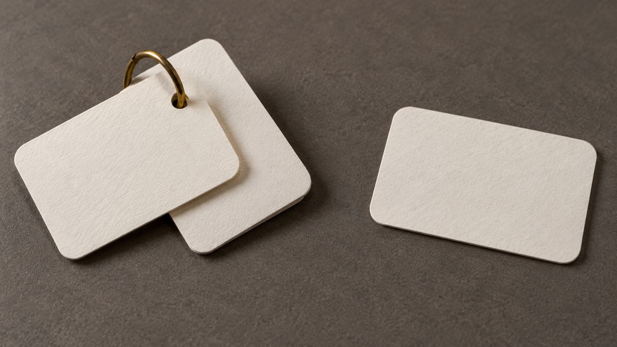 Two blank record cards joined by a ring beside one separate card