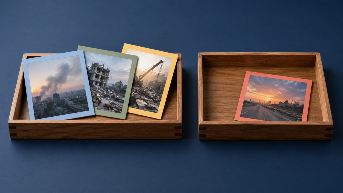 Three related news photo cards grouped in one tray and a later card held in another