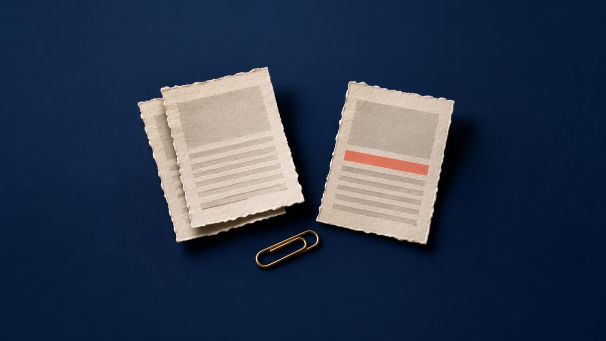 Two news cards stacked as repeated coverage beside a separate follow-up and a brass paperclip