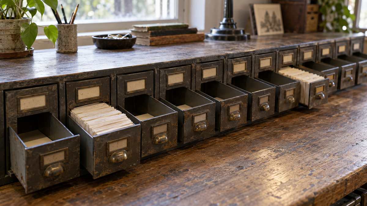 Mostly empty archival drawers contrast with two drawers full of paper search cards