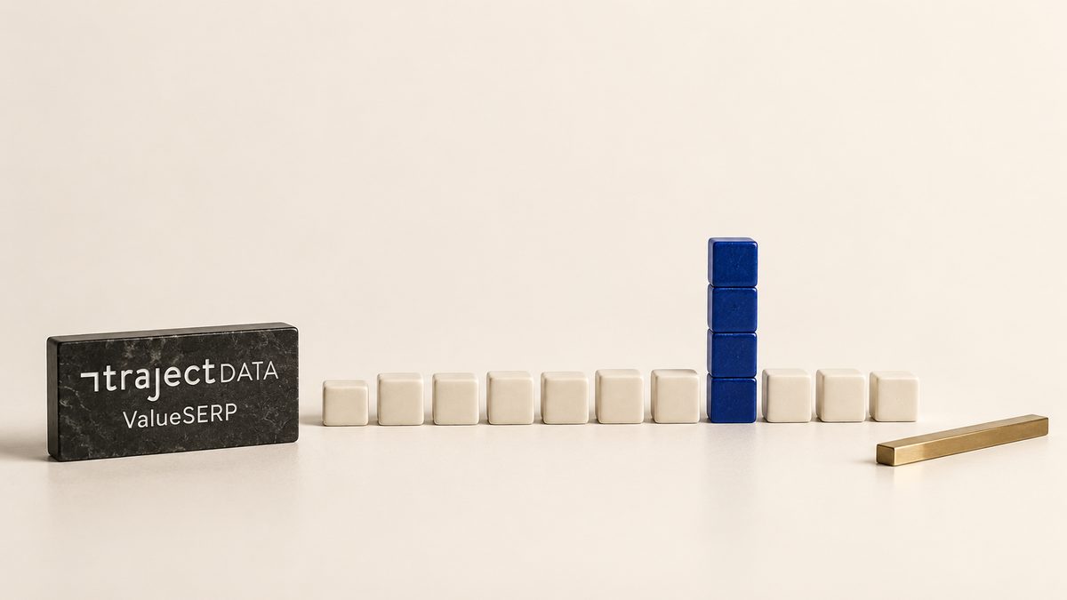 Traject Data ValueSERP plaque beside low-use blocks, one peak stack and a brass commitment bar