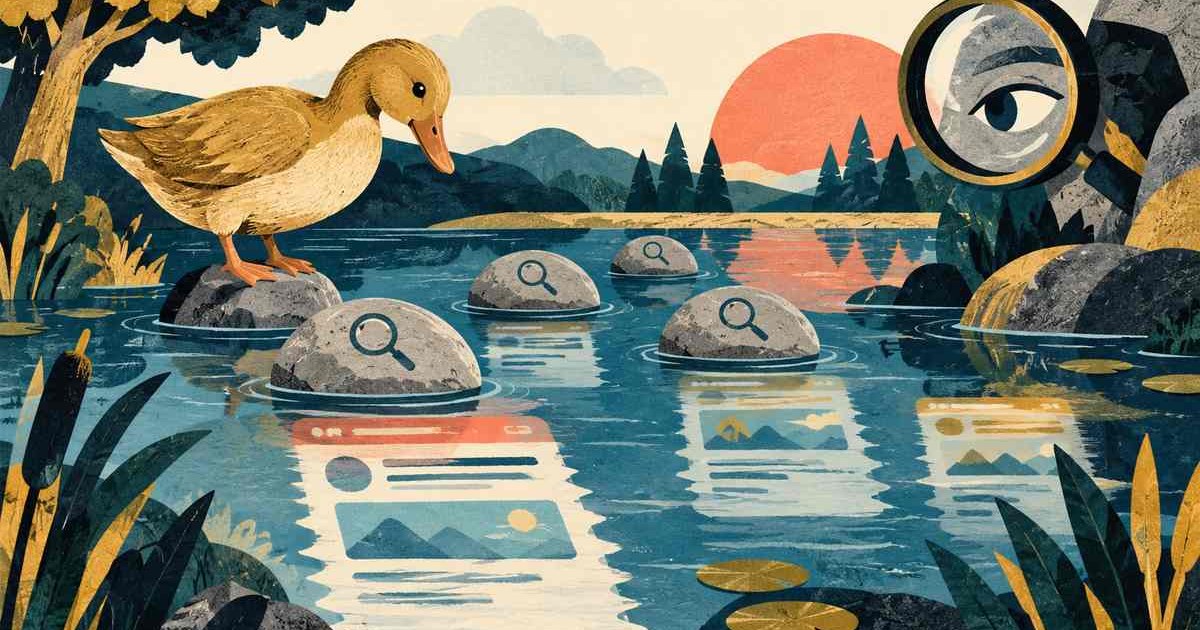 DuckDuckGo-marked magnifier examines short search-result strips