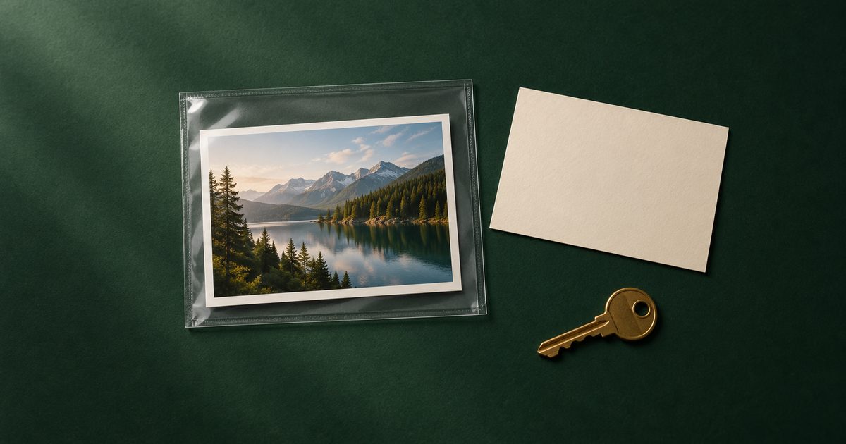 Landscape print in an archival sleeve beside a blank permission card and a separate key