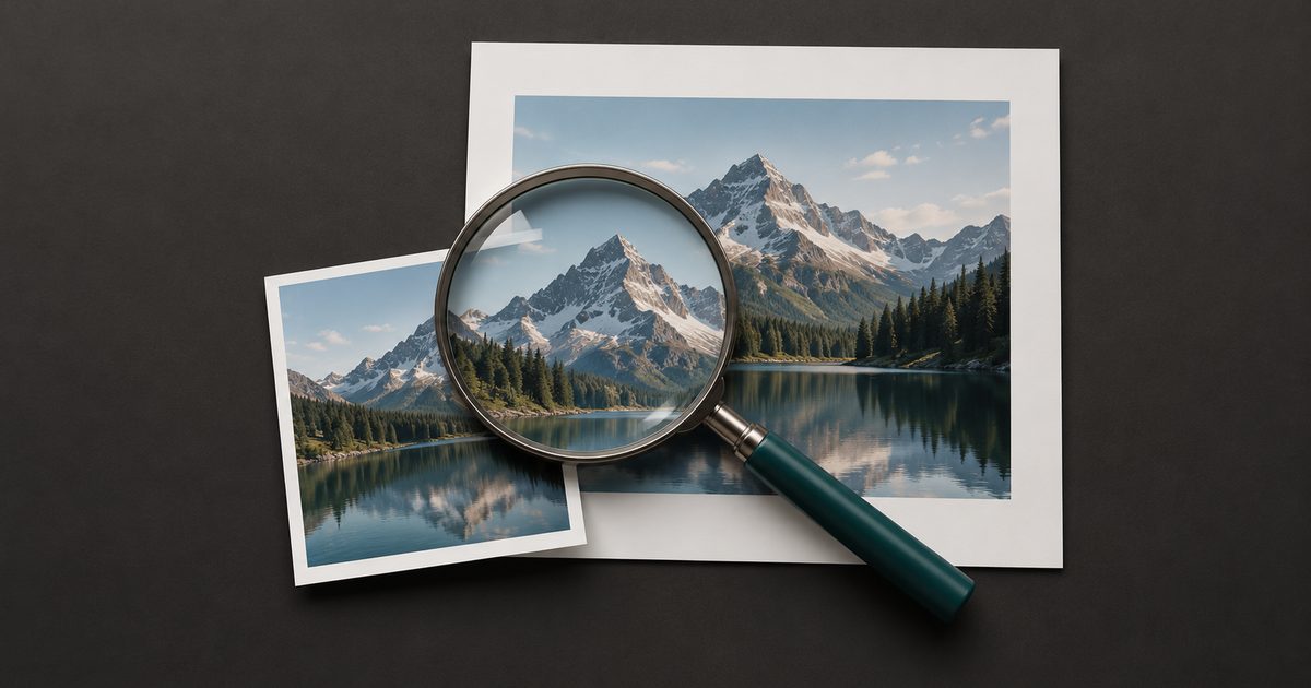 Two mountain photo prints under a magnifying glass on a charcoal surface