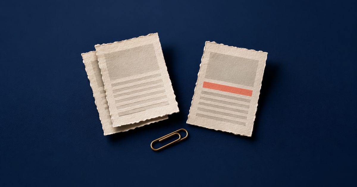Two news cards stacked as repeated coverage beside a separate follow-up and a brass paperclip