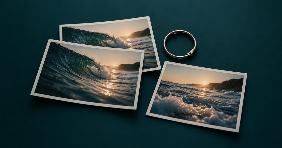 Two near-identical wave stills and a distinct frame beside a catalog ring on teal