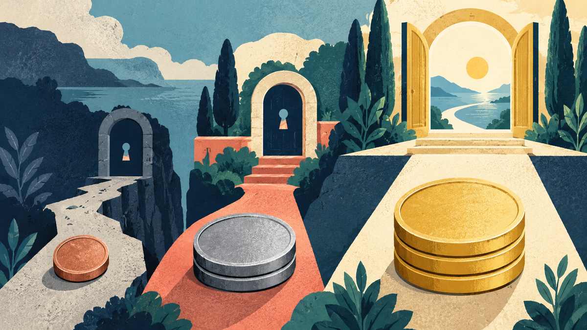 Three differently sized billing tokens beside three differently scoped access paths