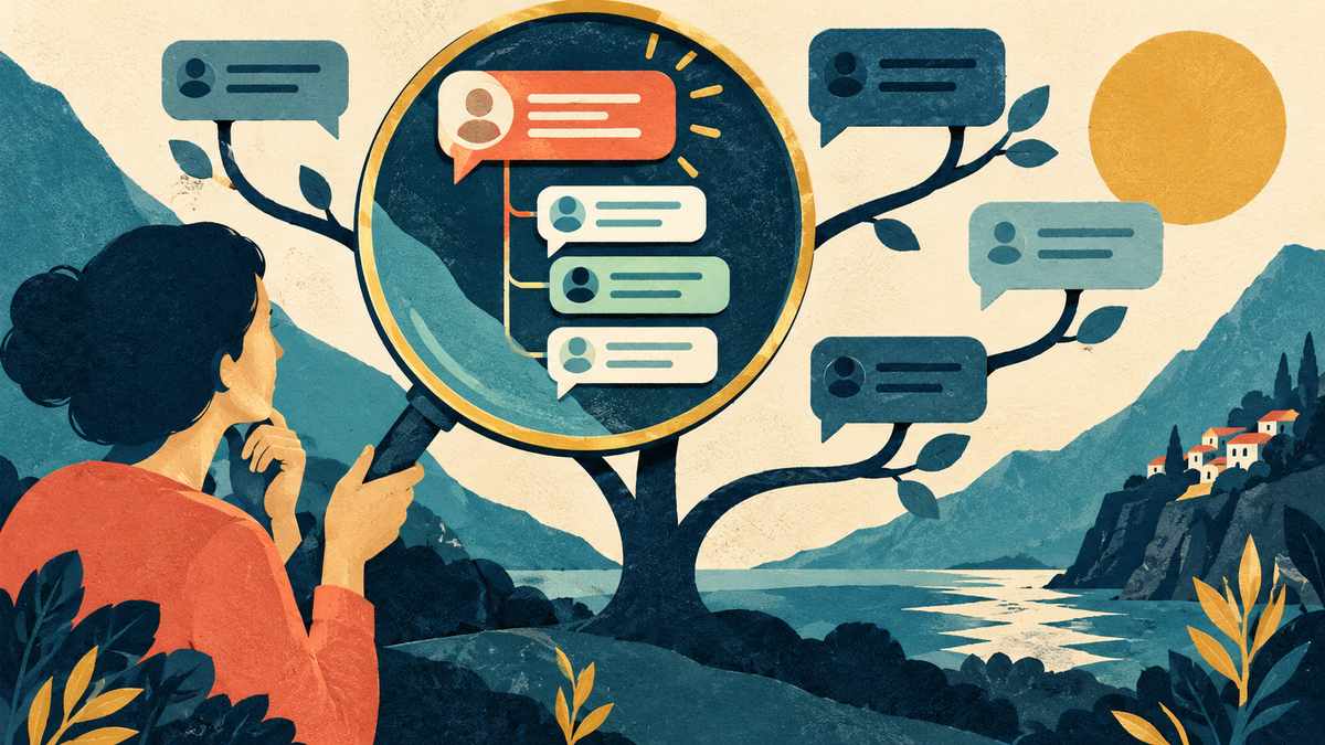 A selective magnifier over a discussion branch, where only chosen questions open deeper comment threads