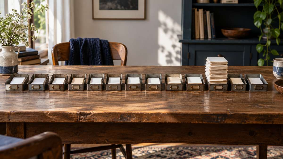 Twelve metal inbox trays hold uneven stacks of paper search cards