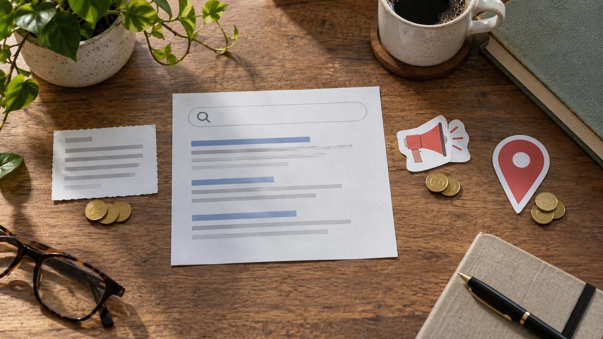 A printed search page sits beside answer, ad and location markers with brass tokens
