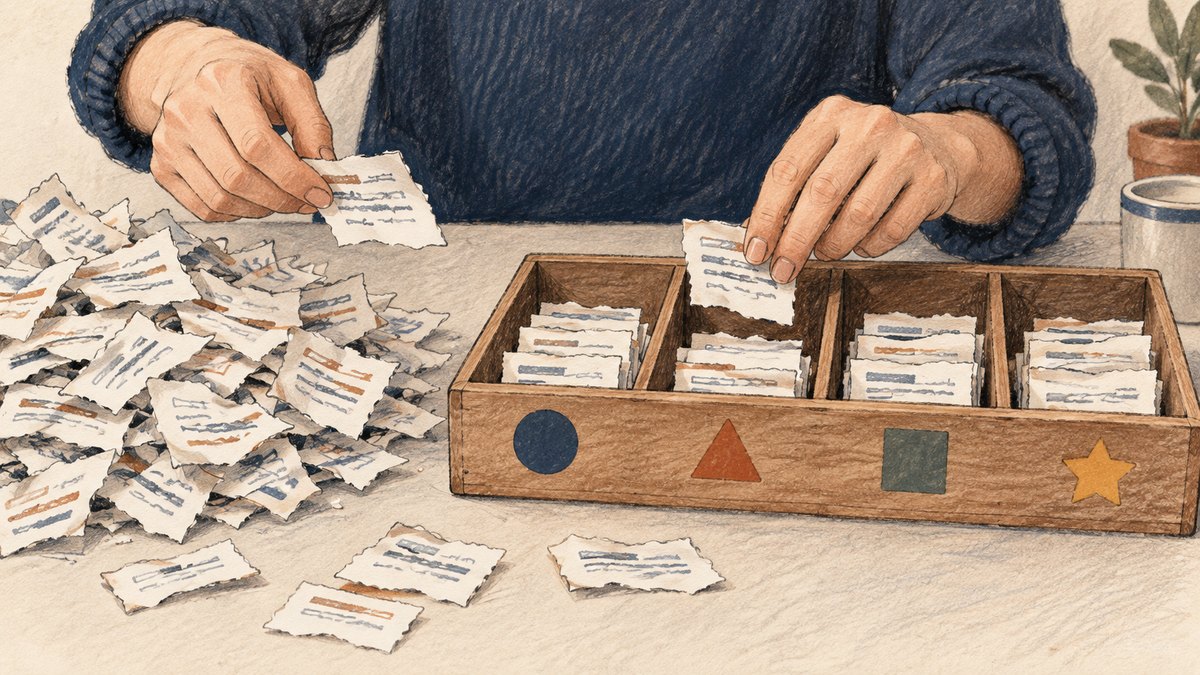 Hands sort a pile of search snippets into separate compartments