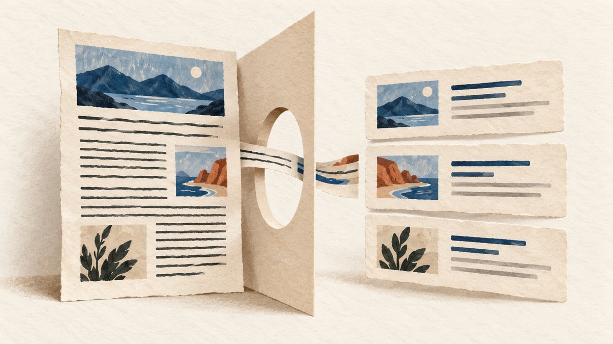 A full search page passes through an opening and emerges as individual result cards