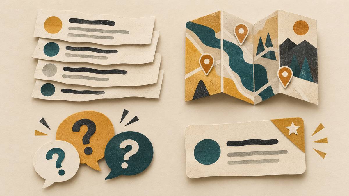 Paper-cut search slips, map pins, question shapes, and a separate result card form inspectable groups