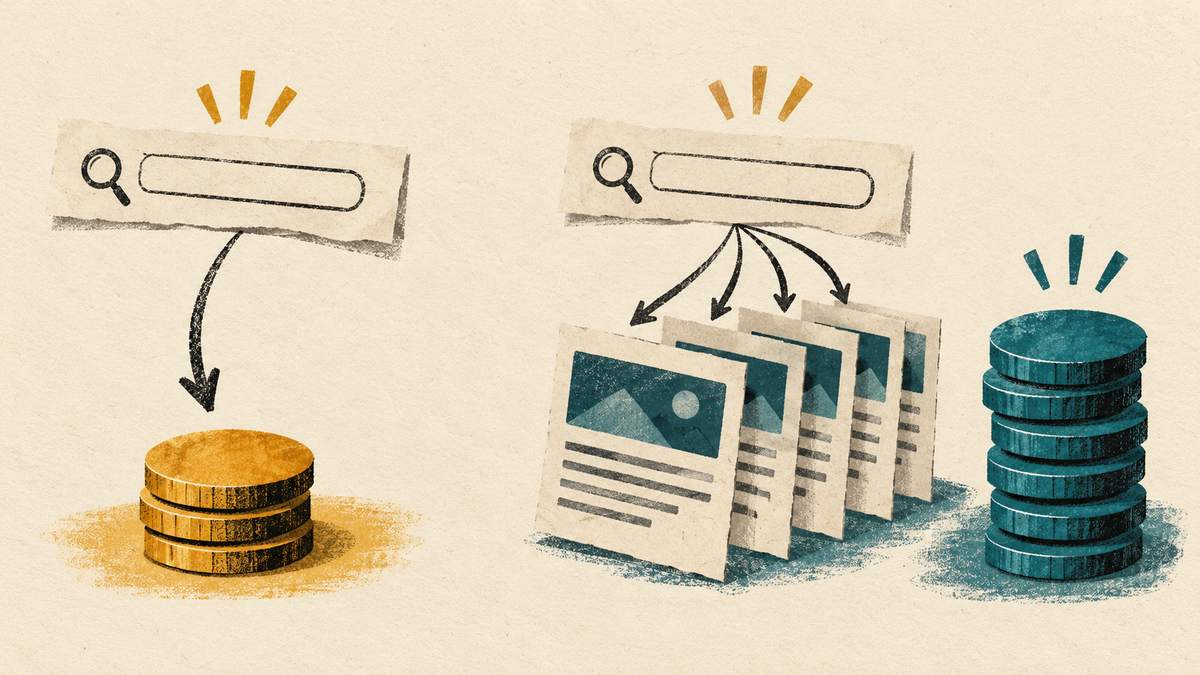 One abstract search query branches into paper page fans beside unmarked billing tokens