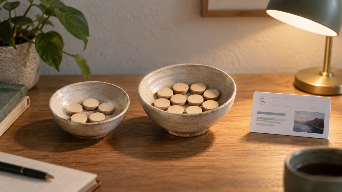 Two bowls hold different quantities of tokens for two Google search modes