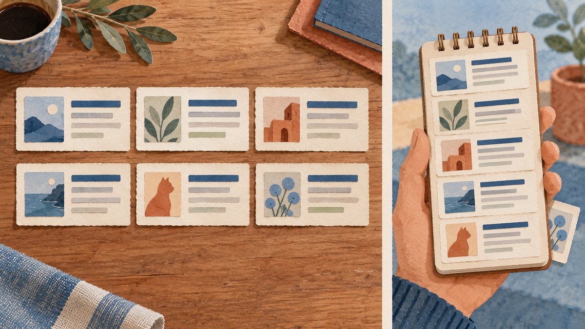 The same search result cards are arranged across a desk and in a phone-sized view