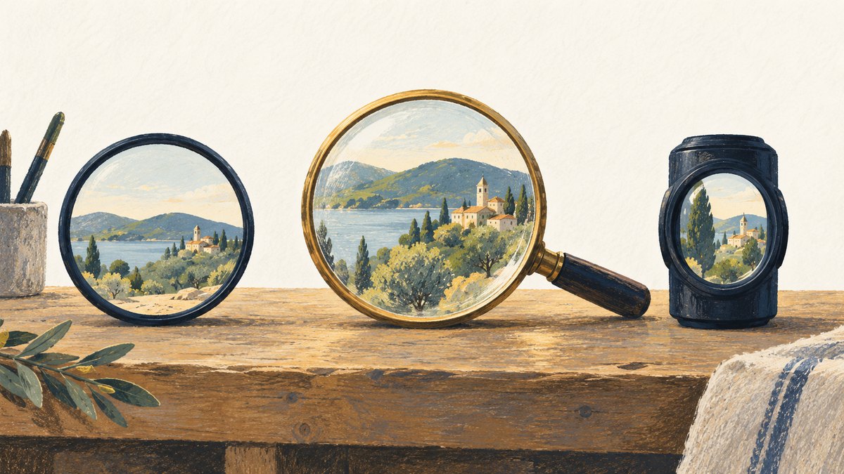 Three lenses show standard, enhanced and narrow mobile views of the same landscape